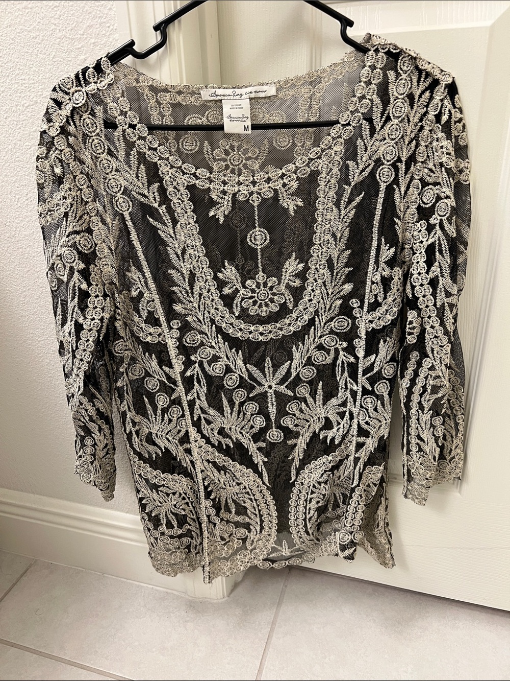 American Rag Black Sheer Tunic with Cream Embroidery
